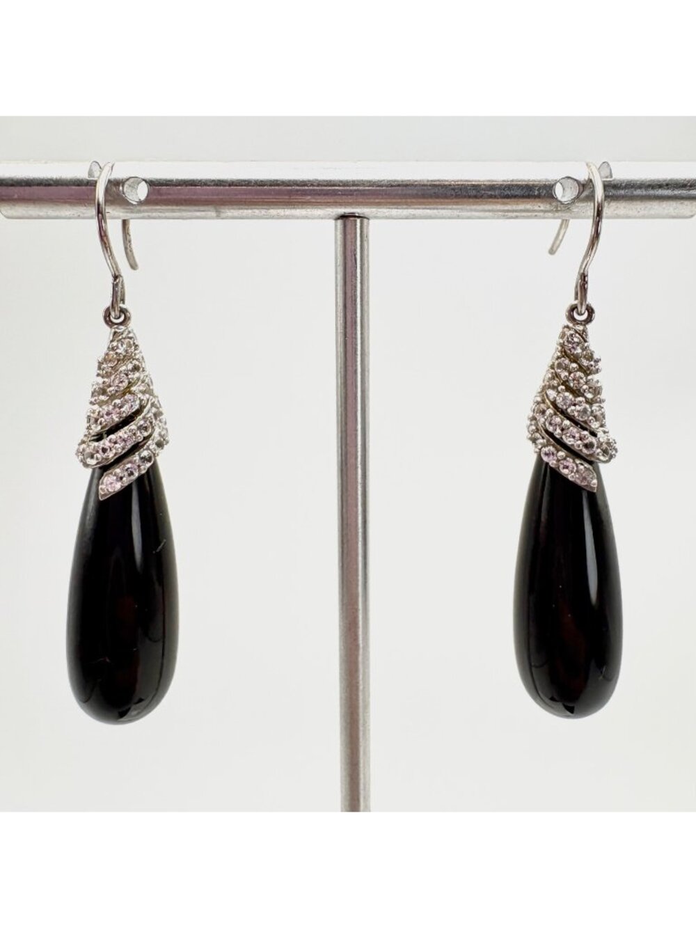 Black Onyx Cubic Zirconia Sterling Silver 925 Dangle Earrings 2" Length